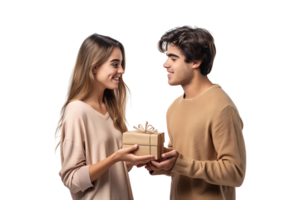 gut aussehend jung Mann ist geben Geschenk Box zu überrascht Freundin auf isoliert transparent Hintergrund png