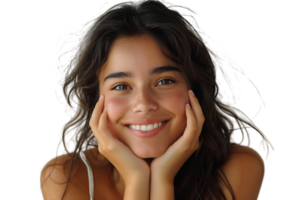 Cheerful Girl Touching Face Smiling To Camera, on isolated transparent background png