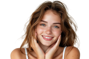 Cheerful Girl Touching Face Smiling To Camera, on isolated transparent background png