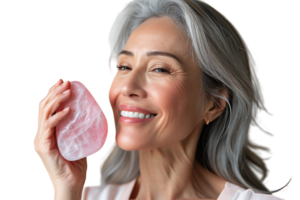 Schönheit Porträt von Senior Frau mit Massagegerät zum perfekt Haut von ihr Gesicht auf isoliert transparent Hintergrund png