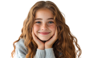 Cheerful Girl Touching Face Smiling To Camera, on isolated transparent background png