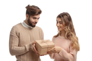 bello giovane uomo è dando regalo scatola per sorpreso fidanzata su isolato trasparente sfondo png