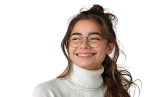 Happy teen girl wearing white turtleneck and eyeglasses isolated on transparent background png