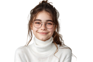 Happy teen girl wearing white turtleneck and eyeglasses isolated on transparent background png