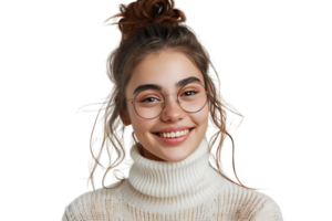 Happy teen girl wearing white turtleneck and eyeglasses isolated on transparent background png