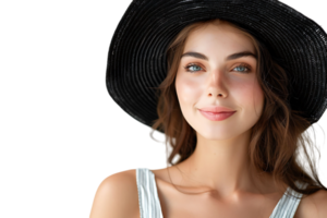 porträtt av skön kvinna modell bär svart runda sommar hatt på isolerat transparent bakgrund png