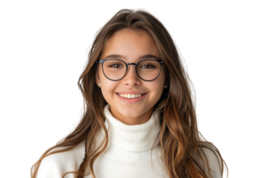 Happy teen girl wearing white turtleneck and eyeglasses isolated on transparent background png