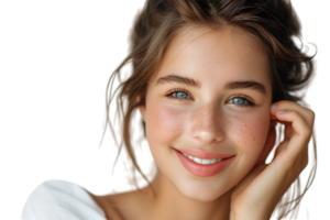 Cheerful Girl Touching Face Smiling To Camera, on isolated transparent background png