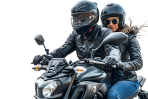 Couple of bikers in helmets riding motorcycle on isolated transparent background png