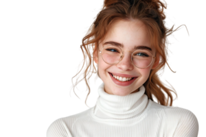 Happy teen girl wearing white turtleneck and eyeglasses isolated on transparent background png