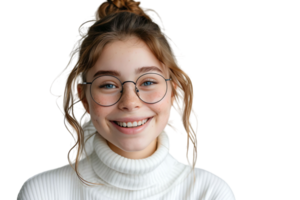 Happy teen girl wearing white turtleneck and eyeglasses isolated on transparent background png