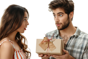 Handsome young man is giving gift box to surprised girlfriend on isolated transparent background png