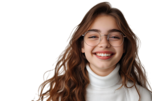 Happy teen girl wearing white turtleneck and eyeglasses isolated on transparent background png