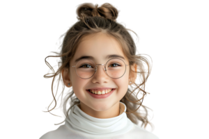Happy teen girl wearing white turtleneck and eyeglasses isolated on transparent background png