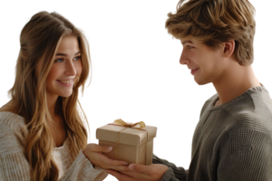 bello giovane uomo è dando regalo scatola per sorpreso fidanzata su isolato trasparente sfondo png