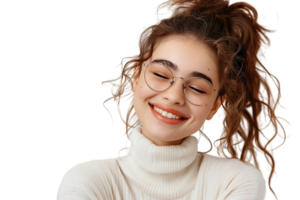 Happy teen girl wearing white turtleneck and eyeglasses isolated on transparent background png