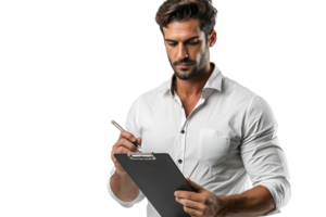 Handsome supervisor writing notes on clip board on isolated transparent background png