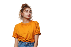 Young woman standing looking aside on isolated transparent background png