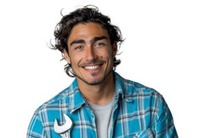 Portrait of a young mechanic holding a wrench on isolated transparent background png