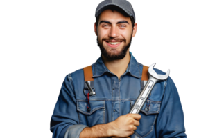 Porträt von ein jung Mechaniker halten ein Schlüssel auf isoliert transparent Hintergrund png