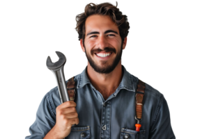 Portrait of a young mechanic holding a wrench on isolated transparent background png