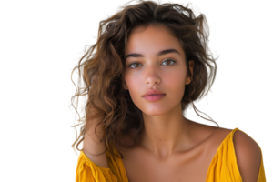 Confident woman in yellow top on isolated transparent background png