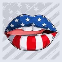 Hand drawn woman lips with American flag pattern for 4th of July independence day or veterans day vector