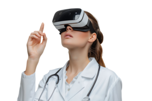 female doctor looking up and pointing with finger while using VR glasses on isolated transparent background png