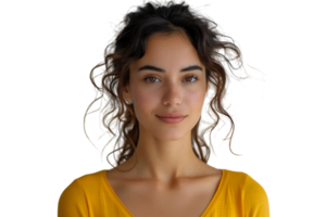 Confident woman in yellow top on isolated transparent background png