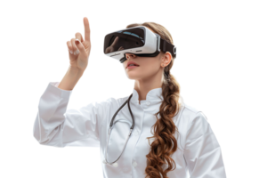 female doctor looking up and pointing with finger while using VR glasses on isolated transparent background png