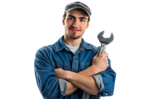 Portrait of a young mechanic holding a wrench on isolated transparent background png