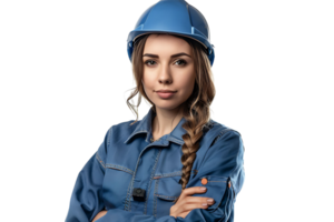 ziemlich jung bewaffnet weiblich Ingenieur im Blau Arbeitskleidung und Sicherheit Helm auf isoliert transparent Hintergrund png