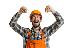 joven constructor hombre vistiendo uniforme y seguridad casco con brazos elevado en aislado transparente antecedentes png