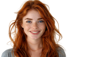 Portrait of young redhead woman smiling on isolated transparent background png