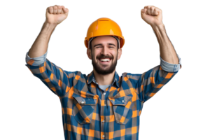 Young constructor man wearing uniform and security helmet with arms raised on isolated transparent background png