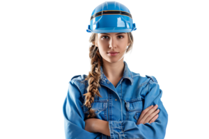 Pretty young cross-armed female engineer in blue workwear and safety helmet on isolated transparent background png