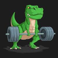 Hand drawn funny dinosaur T Rex lifting a big weight straight barbell doing deadlift exercise vector