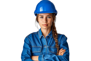 bonito joven con los brazos cruzados hembra ingeniero en azul ropa de trabajo y la seguridad casco en aislado transparente antecedentes png