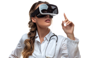 femelle médecin à la recherche en haut et montrer du doigt avec doigt tandis que en utilisant vr des lunettes sur isolé transparent Contexte png