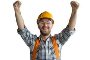 Young constructor man wearing uniform and security helmet with arms raised on isolated transparent background png