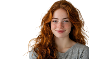 Portrait of young redhead woman smiling on isolated transparent background png