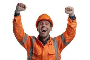 Young constructor man wearing uniform and security helmet with arms raised on isolated transparent background png