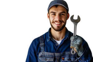 Portrait of a young mechanic holding a wrench on isolated transparent background png