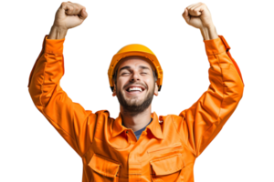 Young constructor man wearing uniform and security helmet with arms raised on isolated transparent background png
