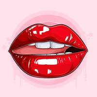 Hand drawn beautiful female red lips woman tongue expression Girl lips vector