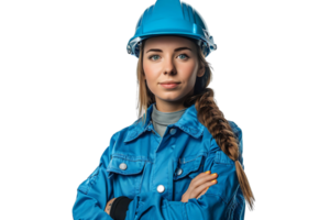 bonita jovem de braços cruzados fêmea engenheiro dentro azul vestuário de trabalho e segurança capacete em isolado transparente fundo png