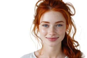 Portrait of young redhead woman smiling on isolated transparent background png