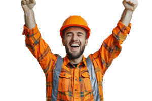 joven constructor hombre vistiendo uniforme y seguridad casco con brazos elevado en aislado transparente antecedentes png