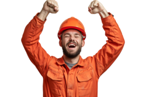 Young constructor man wearing uniform and security helmet with arms raised on isolated transparent background png