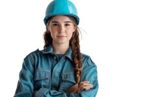 Pretty young cross-armed female engineer in blue workwear and safety helmet on isolated transparent background png